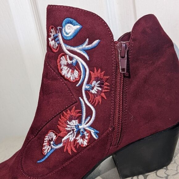 Embroidered Burgundy Ankle Boots - Picture 2 of 6